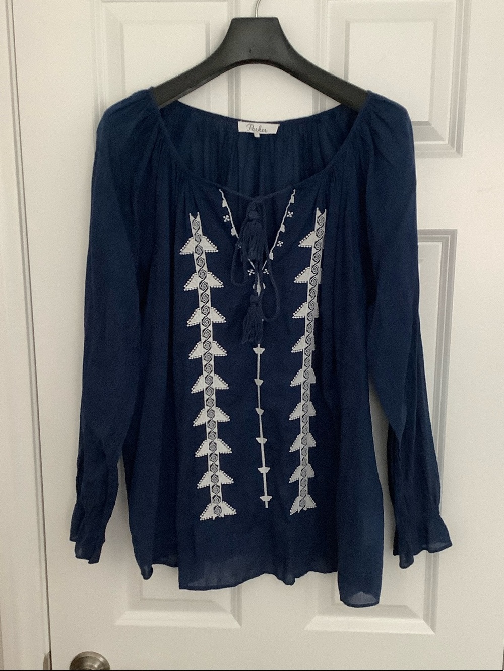 Parker Navy Peasant Tunic with White Embroidery